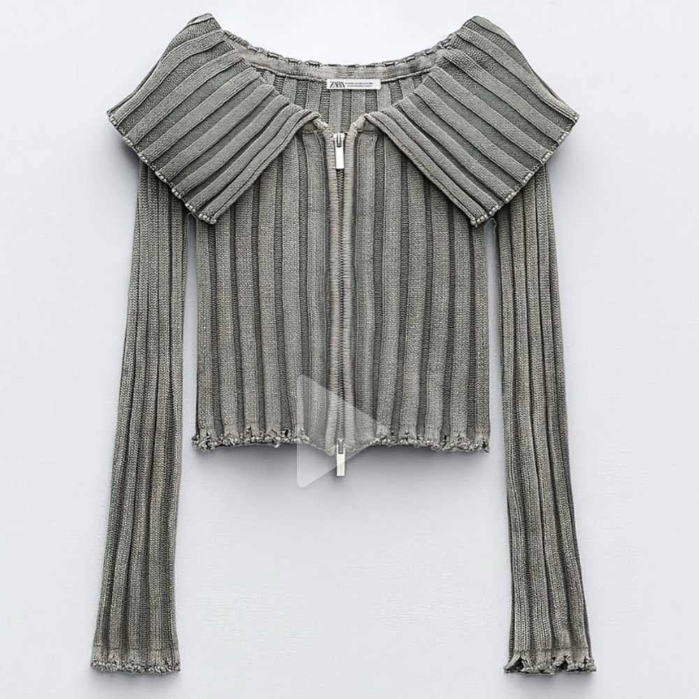 Zara | Ribbed Zip Front Ruffle Collar Crop Sweater - Picture 8 of 8